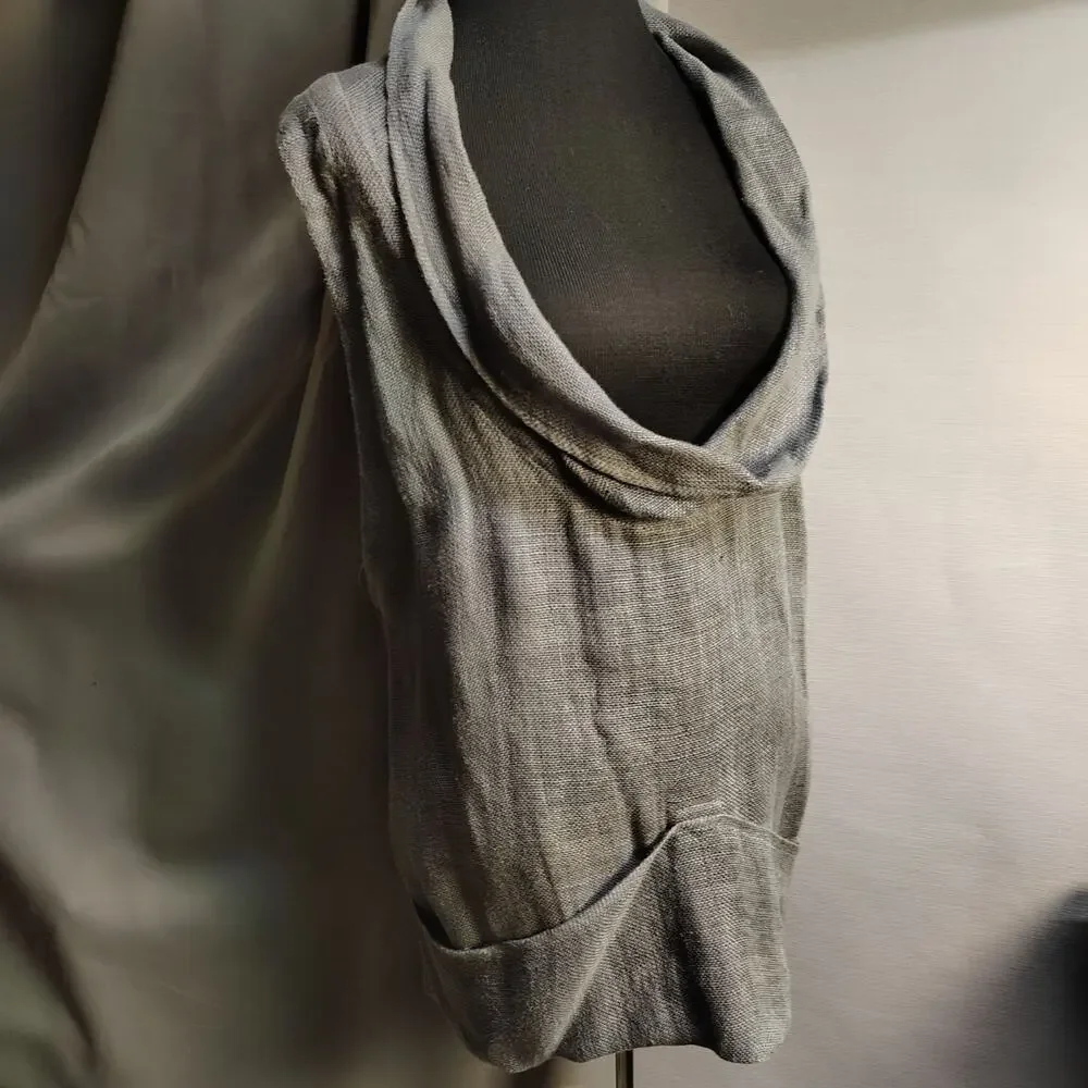 Free People 100% Linen Swing It Cowl Neck Tank Grey Waffle Knit Oversized Racerb
